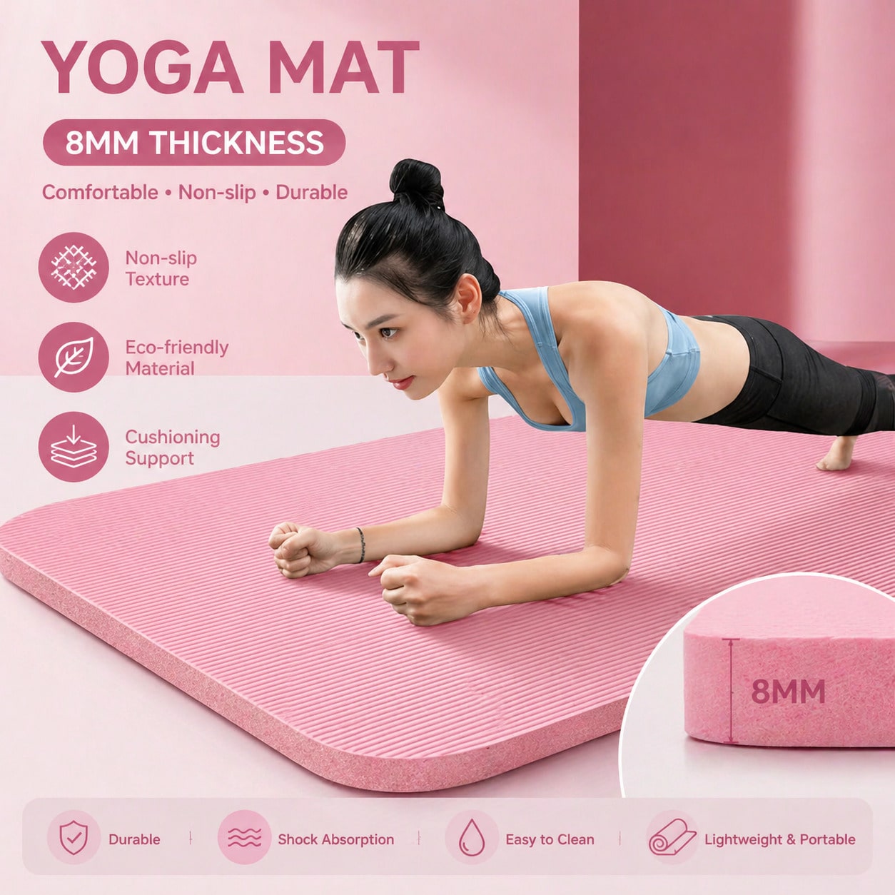 Pilates Yoga Home Workout - 185*61CM Rosa rutschfeste Yogamatte, stoßdämpfende, bequeme